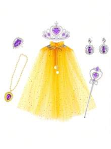 Children's Dress Up Role Play Toys, Princess Cloak, Magic Wand, Crown, Necklace, Earrings Set (Accessory Style Random), Birthday Gift, Halloween Gift, Christmas Gift - Multicolor - View 9