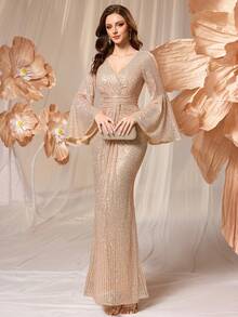 UNITHORSE فستان كوكتيل سهرة أنيق للمرأة ذو فتحة رقبة على شكل حرف V أكمام ناقوسية، مطرز برشات لامعة - لون شمبانيي - مشاهدة 3