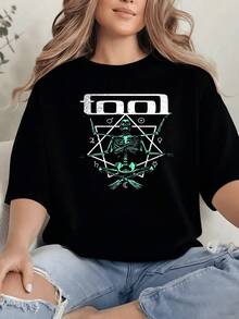 Skeleton Graphic Print T Shirt 220g Occult Women's Casual 100% Cotton Tee 1pcs Edgy Style, Astrology Sign, Spiritual Goth Tops, Dark Academia Clothes, Witchcraft, Halloween, Oversized Short Sleeve Crew Neck Tee - Black - View 1