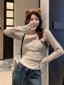 简约罗纹长袖修身短款 T 恤