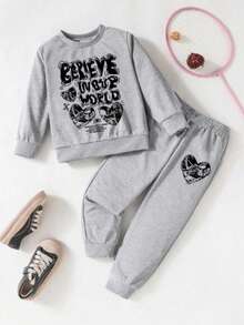 2pcs/Set Girls Back To School Letter Graffiti Print Crew Neck Sweatshirt And Drawstring Pants, Casual Hoodie Outfit, Daily Casual Fashion - Grey - View 2