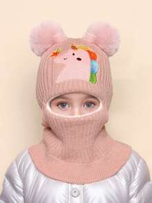 1 件儿童可爱卡通刺绣双绒球加厚防风保暖护耳护颈针织拉法帽，适合秋冬季男孩和女孩