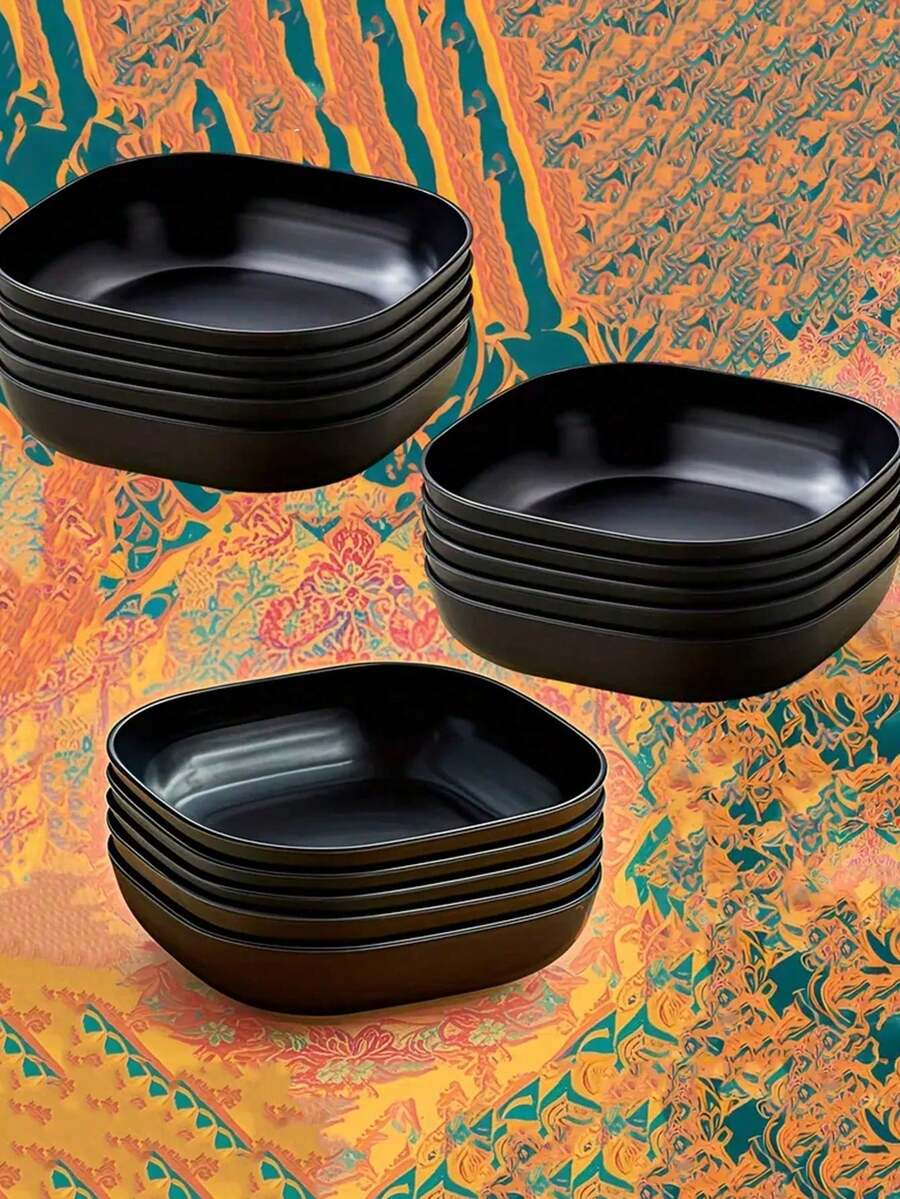 1/5/10/20pcs Black Reusable Square Plastic Plates, For Home, Kitchen, Dining, Dorm, Camping & Picnic, Salad Plate, Snack Bowl - Multicolor - View 1