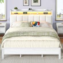 LED Bed Frame With Charging Station, Upholstered Platform Bed Frame With Storage Headboard, Modern Bed Frame With Heavy Duty Metal Slats Support, No Box Spring Needed, Easy Assembly, Black/ White/ Beige, Twin/ Full/ Queen/ King - 白色 - 查看 1