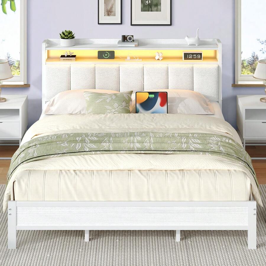LED Bed Frame With Charging Station, Upholstered Platform Bed Frame With Storage Headboard, Modern Bed Frame With Heavy Duty Metal Slats Support, No Box Spring Needed, Easy Assembly, Black/ White/ Beige, Twin/ Full/ Queen/ King - 白色 - 查看 1