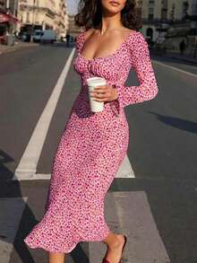 新款性感优雅碎花长袖摆裙，波西米亚风格女士度假连衣裙，初秋