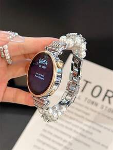 Diamond Studded Cat Eye Stone Bead Metal Bracelet Strap Suitable For Galaxy Watch 7/6/5/4 Strap 40 Mm 44mm 47mm 46mm 41mm,Galaxy Watch 5 Pro 45mm,Galaxy Active 2,Galaxy The Watch 3,18/20/22mm, Compatible With HW Watch 5/4/3/2/1 And GT5/4/3/2, As Well As HW Watch Fit3/Fit4 And HW Band 8/9/10NFC - Silver - View 4