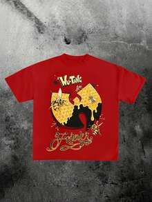 Iconic Wu - Tang Clan Tribute Print 220g 100% Pure Cotton Heavyweight Basic T-Shirts With Digital Transfer Print Short Sleeve Round Crew Neck Casual Summer Tops Loose Classic-Fit Tee - Đỏ - Xem 1