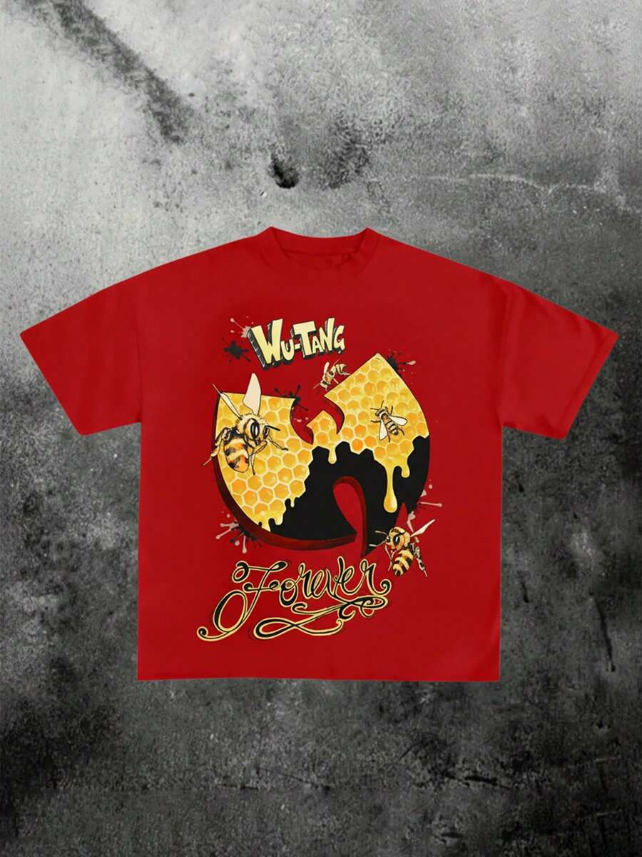 Iconic Wu - Tang Clan Tribute Print 220g 100% Pure Cotton Heavyweight Basic T-Shirts With Digital Transfer Print Short Sleeve Round Crew Neck Casual Summer Tops Loose Classic-Fit Tee - Đỏ - Xem 1