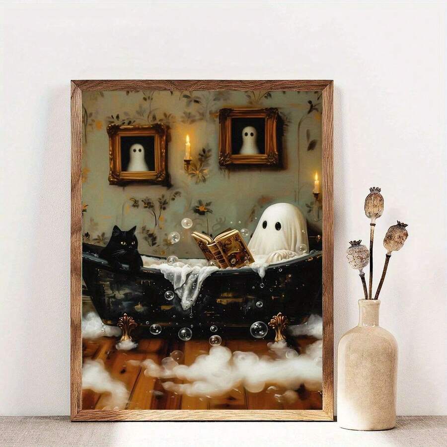 Spooky Ghost & Black Cat Bubble Bath Canvas Print - Unframed Modern Art For Halloween Decor, Perfect For Bedroom, Living Room, Office, Or Dorm - Multicolor - View 1