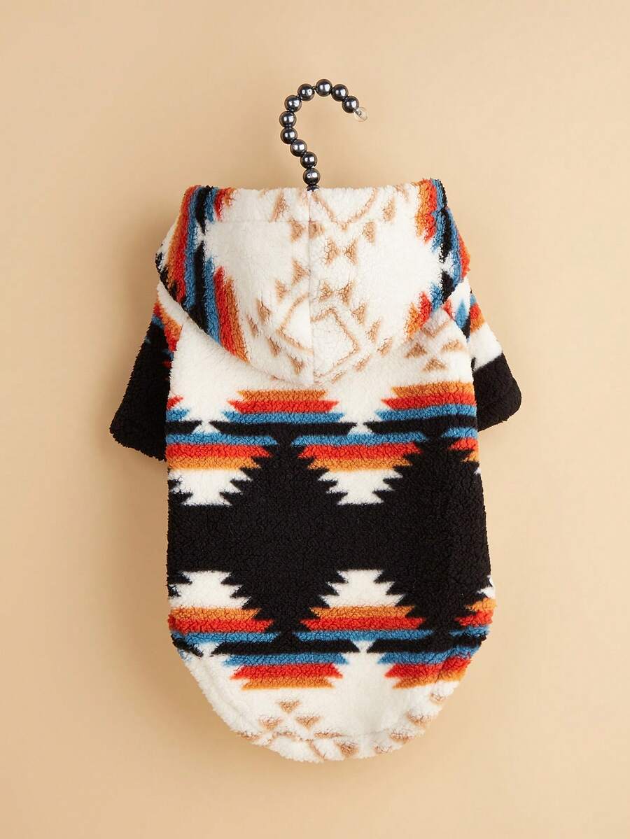 1件秋冬季毛绒宠物衣服，几何格子图案可爱连帽卫衣，适合小型犬和猫 - 彩色 - 查看 1