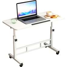 Desks With Wheels, 65-87cm Height-Adjustable Mobile Standing Table Overbed Table, 60x40cm Foldable Laptop Table 180 Rotating Table Top For Office Living Room Bedroom - 白色 - 查看 12