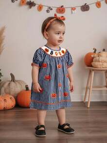 Little Girl Halloween Plaid Dress Pumpkin Letter Ric Rac Trim Short Sleeve A-Line Dress Cute Fall Clothes