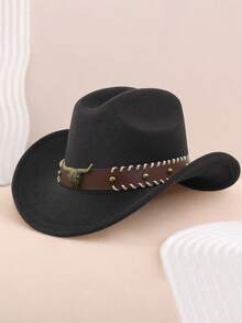 1pc Halloween Western Cowboy Hat, Suitable For Both Men And Women, Soft Wool Felt Hat, Cow Head Belt Buckle Cowboy Hat, Suitable For Back To School Season, Holiday Parties, Daily Leisure, Etc - Style 1 - View 11