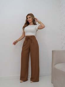 YING ZI Louis Twill Tailored Wide Leg Dress Pants - Rust Brown - View 3