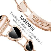 Slim Metal Bands Compatible With Apple Watch Bands For Women 38/40/41/42/44/45/46/49mm, Cute Heart-Shape Sparkle Diamond Stainless Steel Strap For I Watch Series SE/10/9/8/7/6/5/4/3/2/1