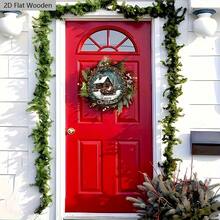 2D plat, 1 panneau en bois de Noël - Scène d'hiver 2D, Père Noël sur un traîneau, maison enneigée et pins, décorations de fête rouges et vertes, convient pour accrocher à la porte ou au mur, ornements de Noël, le meilleur pour Noël