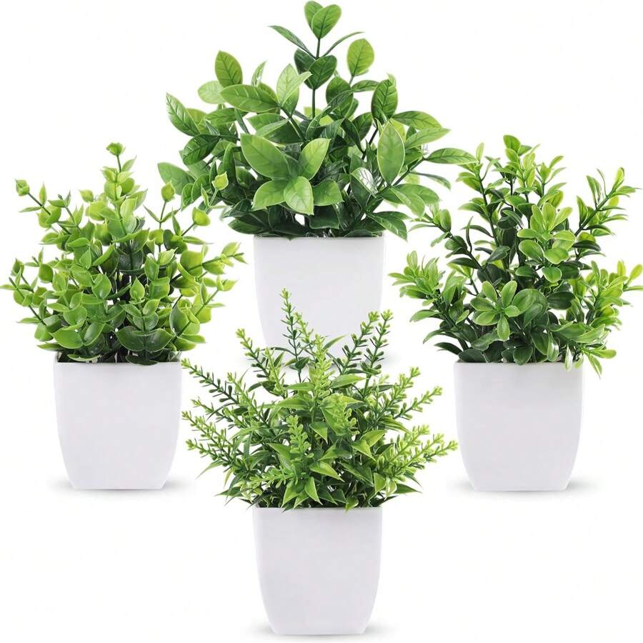 MEHELANY 4pcs/Set Artificial Mini Potted Plants, Green Fake Small Potted Plants, Miniature Artificial Flower Pots, Plastic Fake Plant Pots, Suitable For Home, Office, Dining Table, Farmhouse, Bathroom, Yard, Gifts, Garden, Outdoor Decor, Gardening, Fake Flowers (1pc Random)