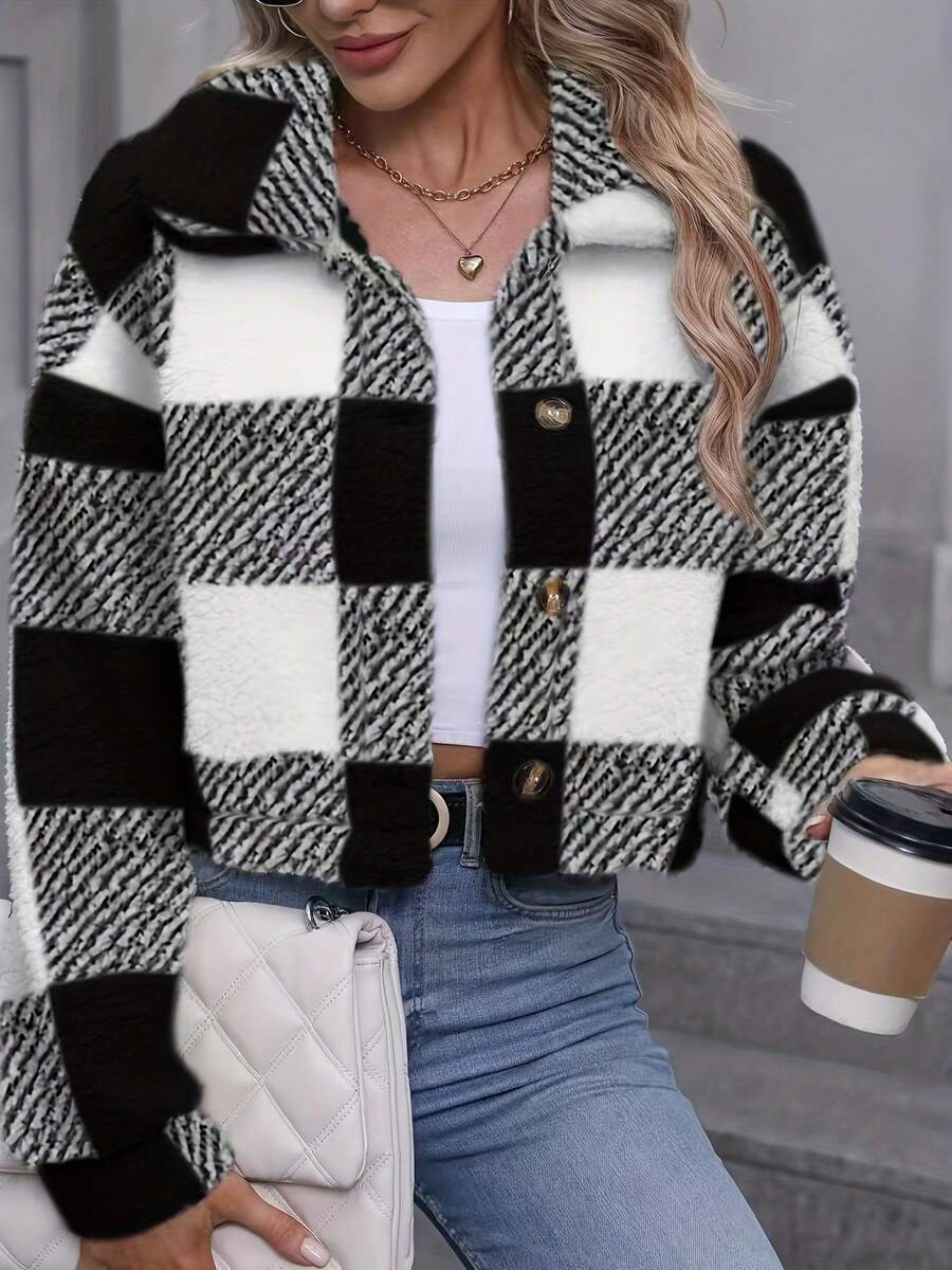 Women Casual Plaid Fuzzy Button Front Jacket For Daily Wear In Autumn/Winter Fall Cloth For Women Warm And Fashionable, Yellow And White Plaid Faux Fur Cropped Jacket, Notch Lapel With Single-Breasted Buttons, Retro And Eye-Catching; Cropped Silhouette, Elongates Legs By Lifting The Waistline Material: Faux Fur Fabric, Soft And Fluffy, Excellent Warmth Retention; Comfortable And Skin-Friendly To Wear Fit: Loose And Slimming, Highly Inclusive Of Body Shapes, Hides Flesh And Fashionable - 黑色 - 查看 1