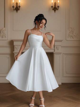 YUMIBRAVO Ballet Style Women's Wedding Dress, Satin Wedding Dress Bride, Ruched Bust White Dresses For Women Wedding Dress Bridal Birthday Dresses, Spaghetti Strap Prom Dresses For Women, Bridesmaids Dress Elegant Ball Gown Dress