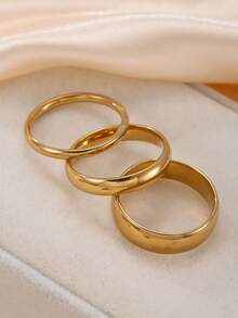 3pcs Polished Stainless Steel Couple Rings Set, Plain Band Rings For Daily Stacking, Suitable For Everyday Wear, Valentine's Day Gift, Wedding Rings For Bride And Groom - Yellow Gold - View 3