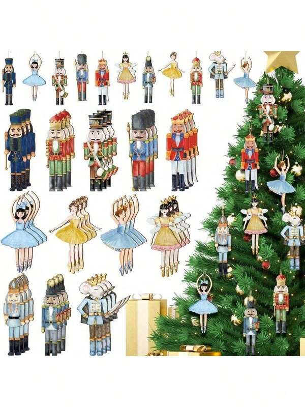 24pcs Wooden Christmas Nutcracker Ornaments, Christmas Tree Decorations, Holiday Party Supplies Home Decor Christmas Decorations Room Decor Winter