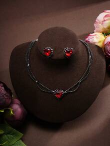 3pcs/Set Heart Shaped Red & Blue Necklace & Earrings Set, Suitable For Women's Party, Birthday, Holiday