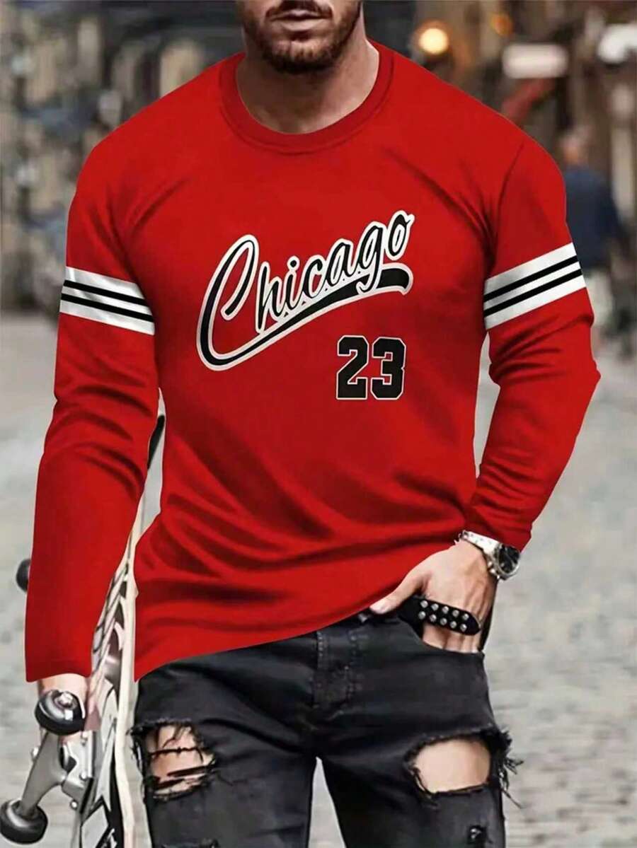 Chicago 23 Graphic Men's Long Sleeve T-Shirt - Soft, Breathable Polyester Crew Neck Tee | Machine Washable | Casual Casual Attire, For Fall - Multicolor - View 1