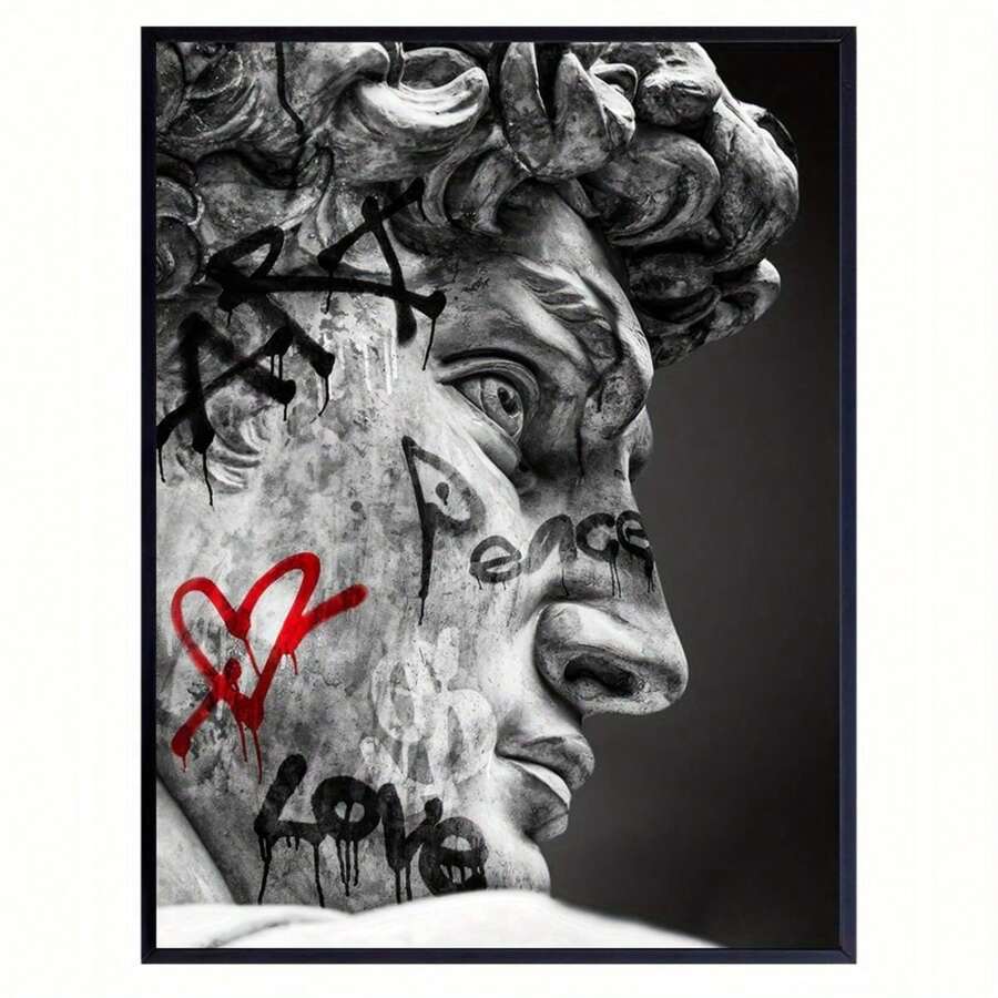 Impressão de Arte em Tela Inspirada no Grafite de Michelangelo's David - Pôster Moderno Sem Moldura em Estilo Art Déco na Orientação Retrato para Decoração Interna - Obra de Arte para Sala de Estar, Quarto, Escritório Doméstico - Decoração de Parede com Tinta