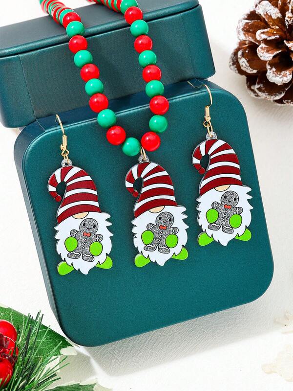 Christmas Cross-Border Jewelry Set, Versatile Christmas Element Necklace, Earrings, Beaded Necklace, Bracelet