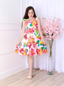 Short Printed Children's Tank Top Dress - 白色花卉 - 查看 5