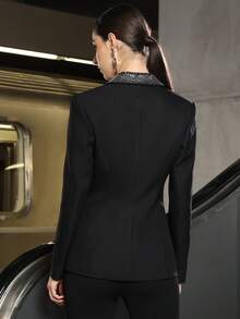 Women's Rhinestone Embellished Collar Fitted Party Blazer Jacket, Elegant & Fashionable Design Suitable For Any Occasion, Perfect For Office Wear And Social Events, Ideal For Weddings, Eye-Catching Women's Fashion, Autumn - Black - View 3