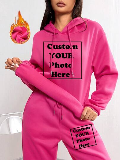 Autumn And Winter Plush 2 Pieces Set Customization, Sports Hooded Sweatshirt, Sweatpants, Personalized Customization, Add Your Own Image (Badge Design/Company Logo/Family Photo/Selfie)