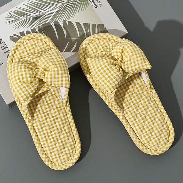 Women's Soft Sole Silent Fabric Slippers, Thick Non-Slip Bedroom Slippers, Fashionable Bow Decor Indoor Slippers