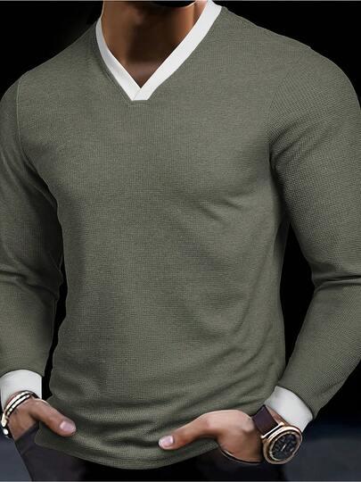 Men's Textured Fabric Splice Ribbed Cuff & Collar Henley Shirt, New Autumn Outdoor Casual