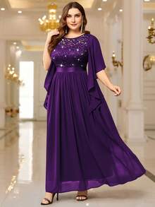 Plus Elegant Sequin Floral Lace Chiffon Butterfly Sleeve Contrast Ruched Hem Formal Party Long Dress, Wedding Guest Dress - 紫色 - 查看 6