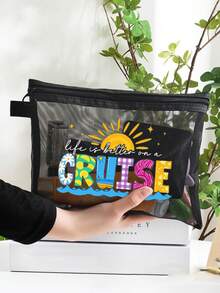 Bolsa de maquillaje de malla con patrón de letras de vida de crucero con árboles de coco, conchas, ballenas, estrellas de mar, bolsa de almacenamiento de cojín de aire rojo, bolsa de almacenamiento portátil, bolsa de maquillaje, bolsa de cuidado de la piel, artículos esenciales de viaje, suministros de dormitorio, regalos de novia de boda, regalos para madres, regalos de cumpleaños, regalos adecuados para miembros de la tripulación, regalos para amigos y maestros, organizador de maquillaje de vacaciones de vacaciones, bolsa de viaje para mujeres