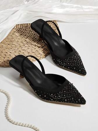 女士水钻装饰小猫跟尖头一脚蹬针织穆勒鞋，时尚优雅的派对和正式低跟鞋