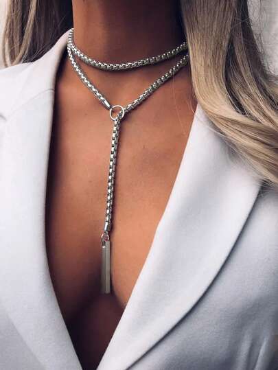 Colar geométrico quadrado e retangular em camadas, colar com corrente de aço inoxidável, estilo punk moderno, adequado para homens e mulheres, uso diário, festa, encontros, joias para presente