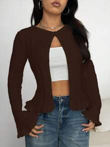 Women's Cute Y2K Streetwear Textured Round Neck Long Sleeve Ruffle Trim Buttons Knitted Sweater Cardigan Tops Women's Casual Daily Wear Homecoming Country Concert Fall Winter Going Out Outfits Clothes Christmas New Year Gift