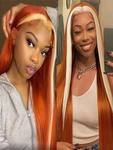 Peluca frontal de encaje rubia recta de alta densidad al 180% de 13 "X4" para mujeres - Pre-cortada, resistente al calor, sin necesidad de pegamento - Multicolor - Ver 15