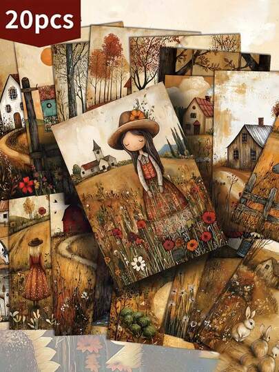 20 件秋季乡村生活纸质印章 - 4x6 英寸简单的海报插图、复古农舍剪贴簿和工艺卡片、具有详细场景的收藏装饰印章，非常适合感恩节、周年纪念日、剪贴簿用品、剪贴簿配件