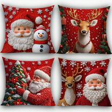 4 piezas Fundas de cojín impresas en terciopelo 2D con diseños navideños de Papá Noel, renos y árbol de Navidad, de 18" X 18", adecuadas para sala de estar, dormitorio, sofá, cama, decoración exterior. No incluye relleno de cojín (no es bordado real)