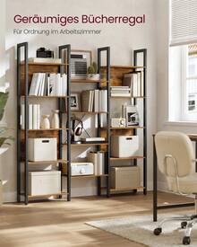 Bücherregal, Standregal mit 14 Ablagen, Regal mit Metallrahmen, für Wohnzimmer, Arbeitszimmer, Büro, Industrie-Design, 24 x 128 x 166 cm - Vintagebraun-Tintenschwarz - Übersicht 2