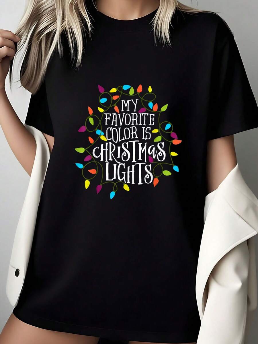 My Favorite Color Is Lights Holiday Cheer-Shirt         Graphic Tees Women Crop Fashion Tops Summer Outfits Women Summer Fashion Tops-Shirt - Black - View 1