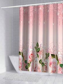 1/3/4 Piece Pink Elegant Rose Shower Curtain Set, Bathroom Window Curtain Shower Set, Shiny Bathroom Shower Curtain, Bathroom Set, Waterproof Shower Curtain, Bathroom Accessories, Bathroom Rug, U-Shaped Toilet Mat, Toilet Seat Cover, Bathroom Decor With 12 Hooks, Home Decor, Daily Decoration