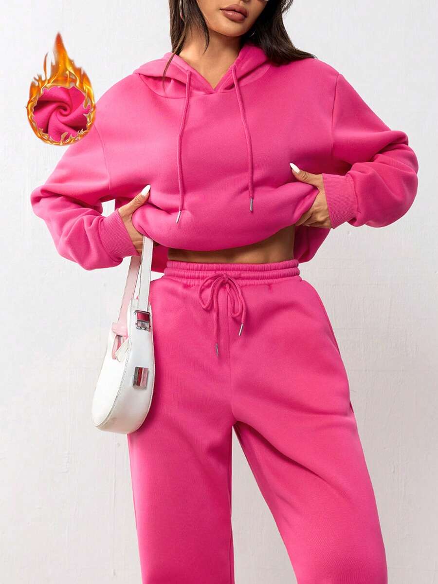 Autumn And Winter Plush Women's Two Pieces Sports Jogging Suit, Loose Casual Round Neck Sweatshirt, Plush Jogging Sweatpants, Sports Outdoor/Women's Sportswear/Women's Sports Suit, This Is A Winter Plush Women's Sweatshirt Suit,Fleece - Hot Pink - View 1