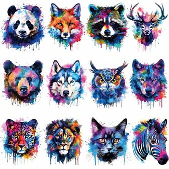 12 件可爱动物卡通图案布贴，DIY 服装装饰，桌布，窗帘，工艺品制作，恐龙，狮子，猫，熊，公主