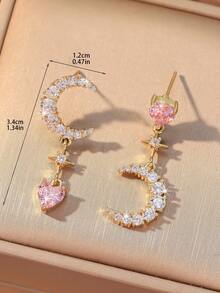 1 Pair Chic Luxurious Gold Rhinestone Star Moon & Heart Earrings, Fashionable Everyday, Date, Party, Holiday Wear