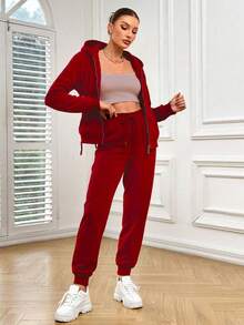 Conjunto casual 2 piezas con sudadera, gorro, cordones y pantalón con bolsillos - Rojo - Ver 5